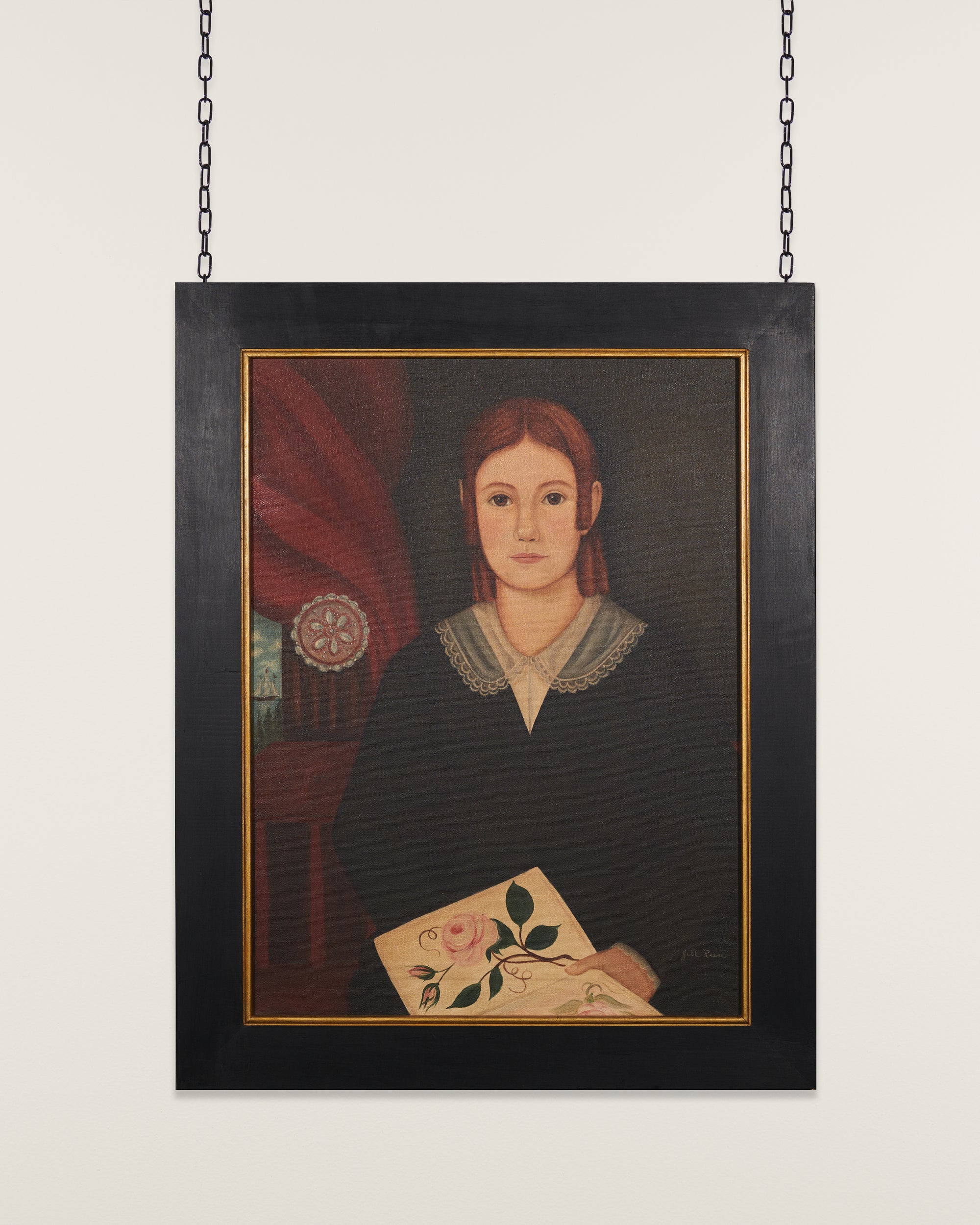 Portrait Of A Woman by Jill Reese, 20th Century - Painting hanging on white background