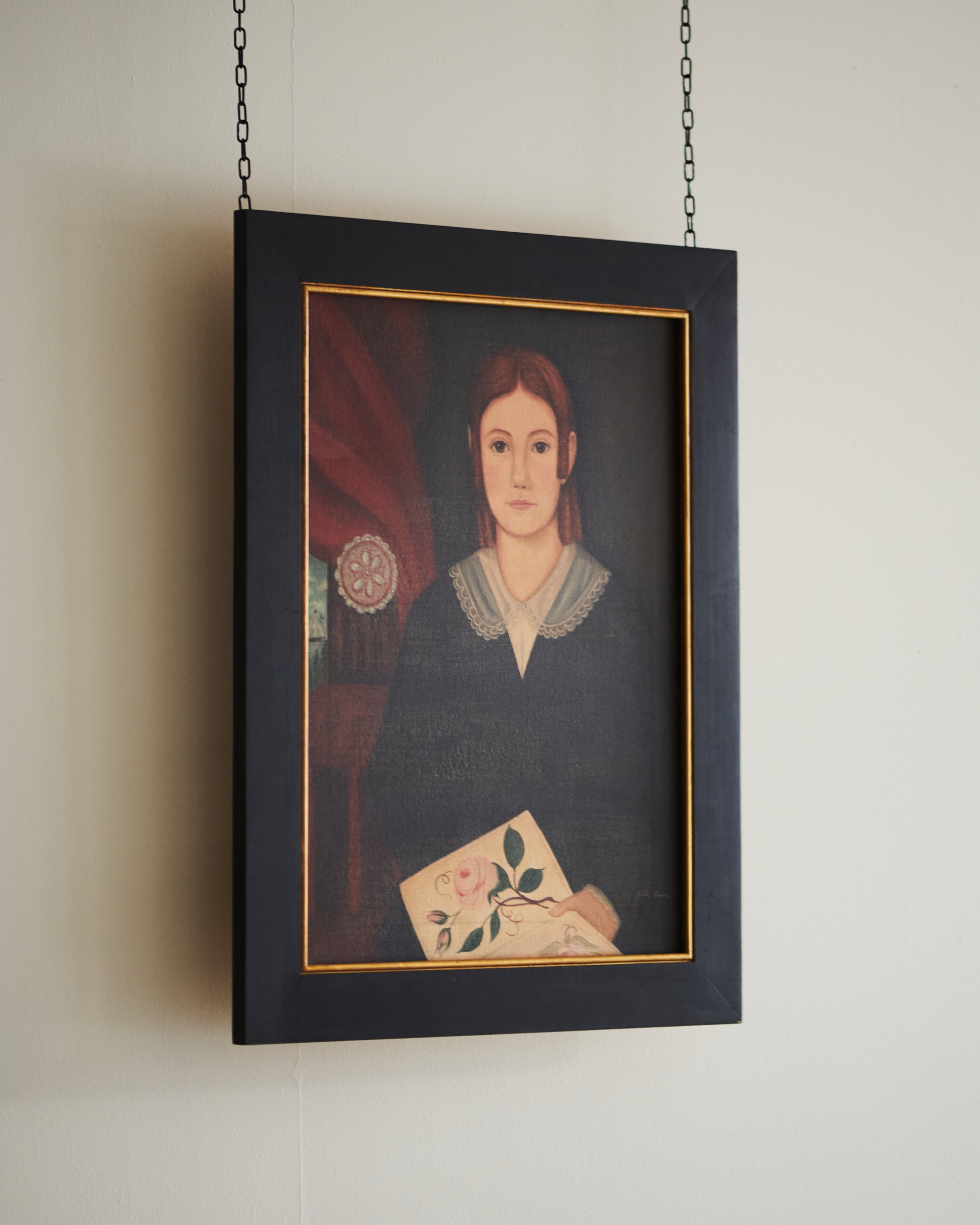 Portrait Of A Woman by Jill Reese, 20th Century - Painting hanging on white background