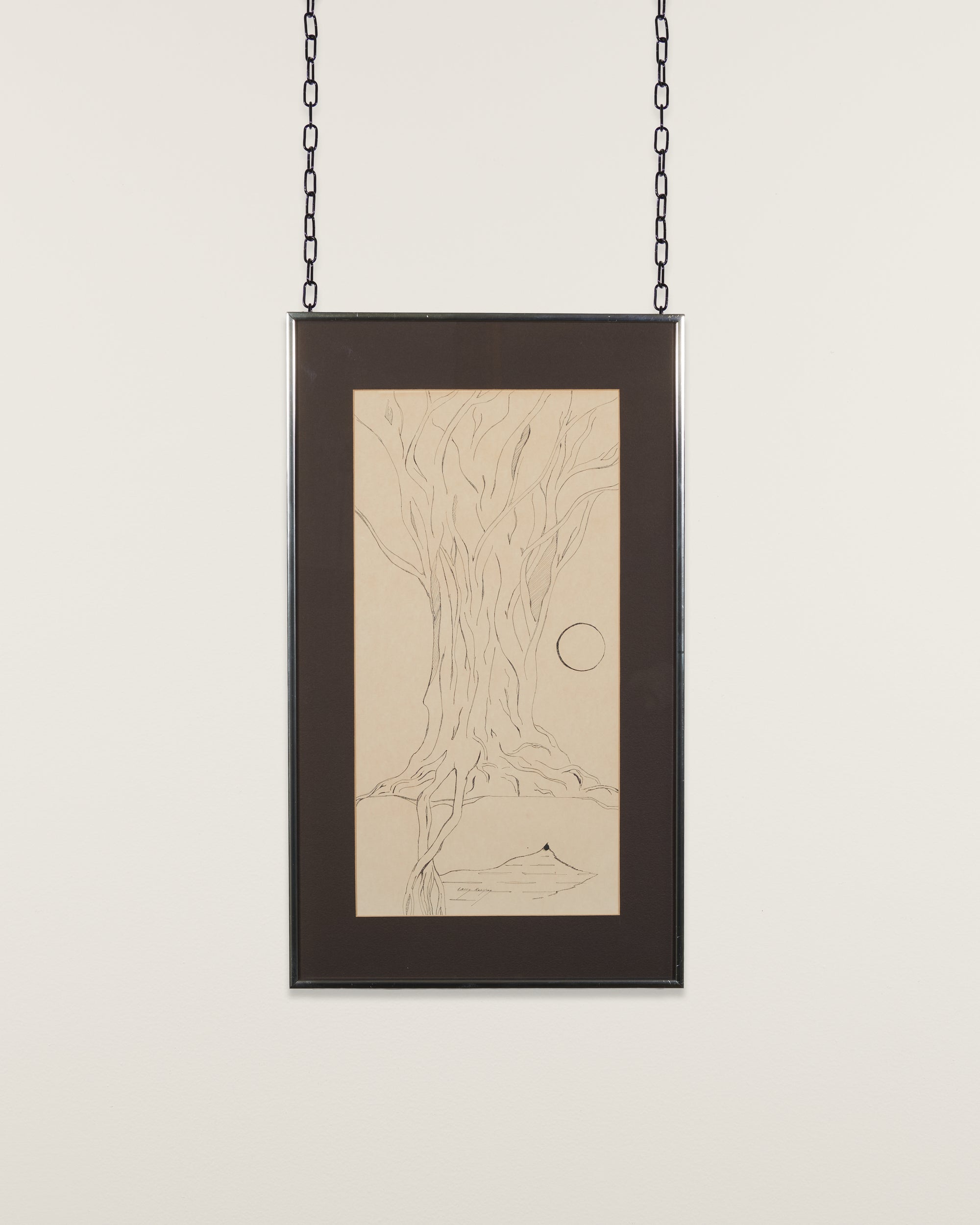 Tree & Full Moon by Larry Rohlfing,20th Century - Drawing hanging on white background